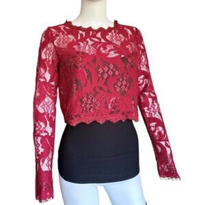 MANIJU Medium Full sheer Floral Lace Burgundy Long Sleeve Red Cropped Blouse NWT
